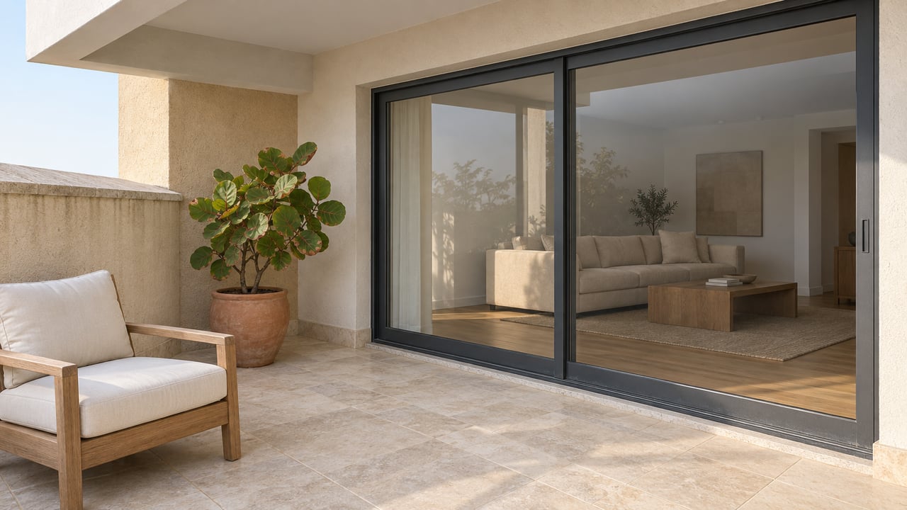 Covered condo terrace with limestone paving, ivory stucco, closed charcoal-framed glass doors, a teak chair and a potted sea grape.