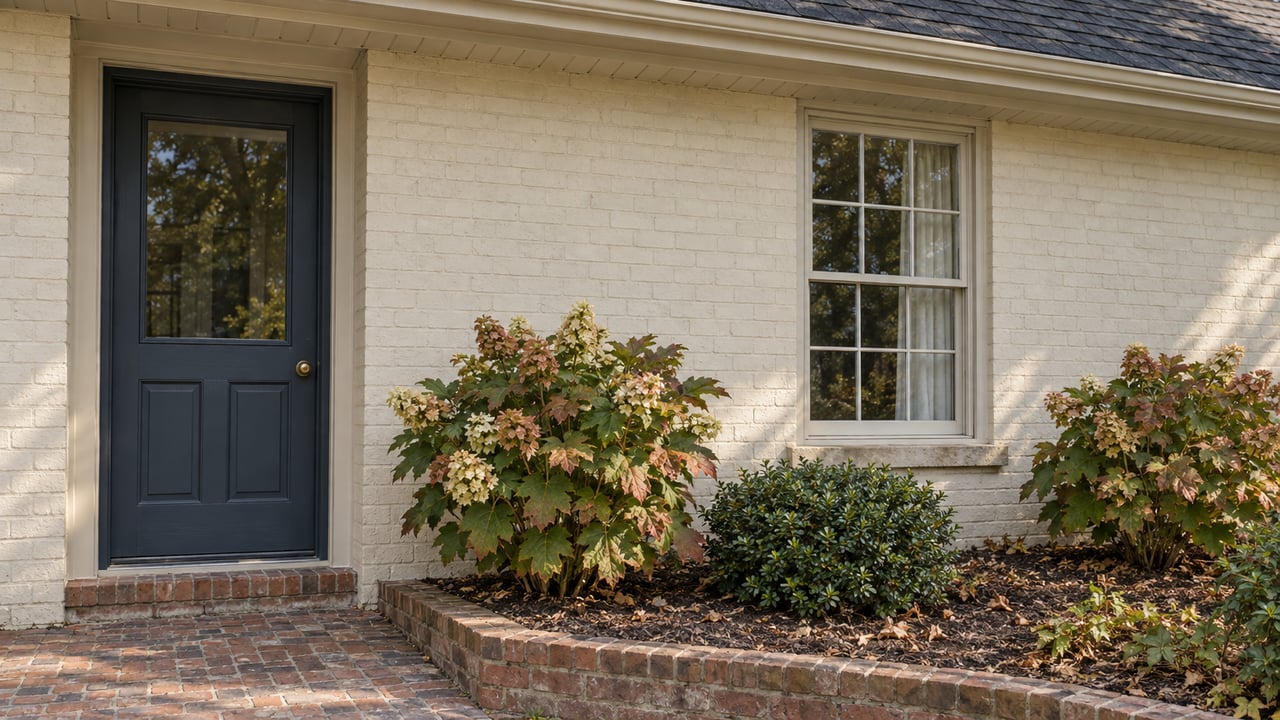 Ivory-painted brick house with a blue-gray entry door, divided-light window, and russet-edged hydrangeas.