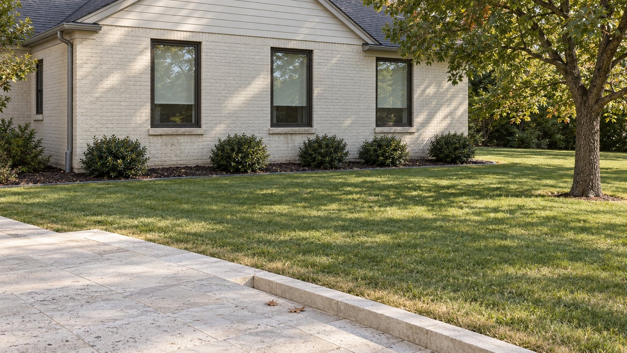 An ivory brick home with bronze-framed windows beyond a limestone terrace and broad lawn shaded by a mature oak.