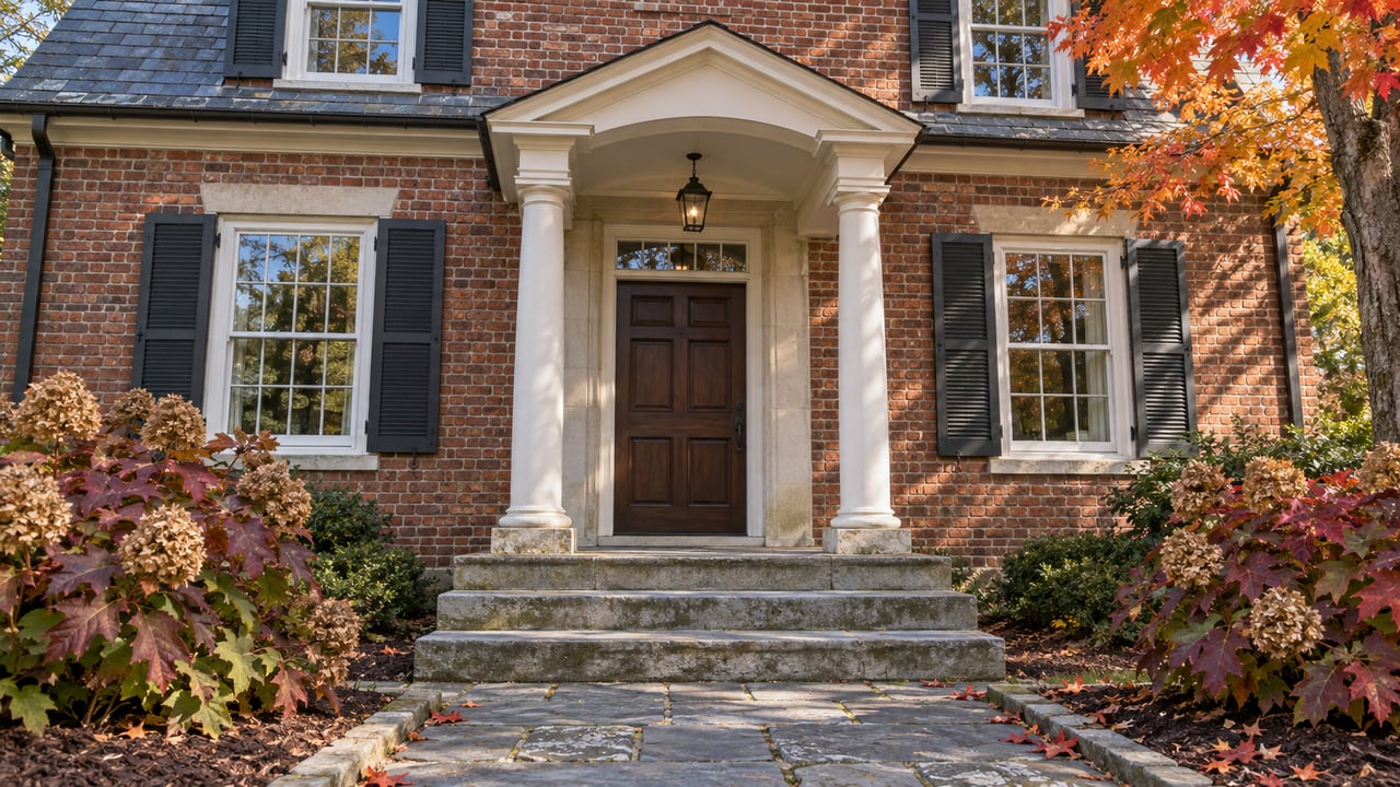 Brick home entrance with paired white porch columns, bluestone steps and autumn maple foliage.