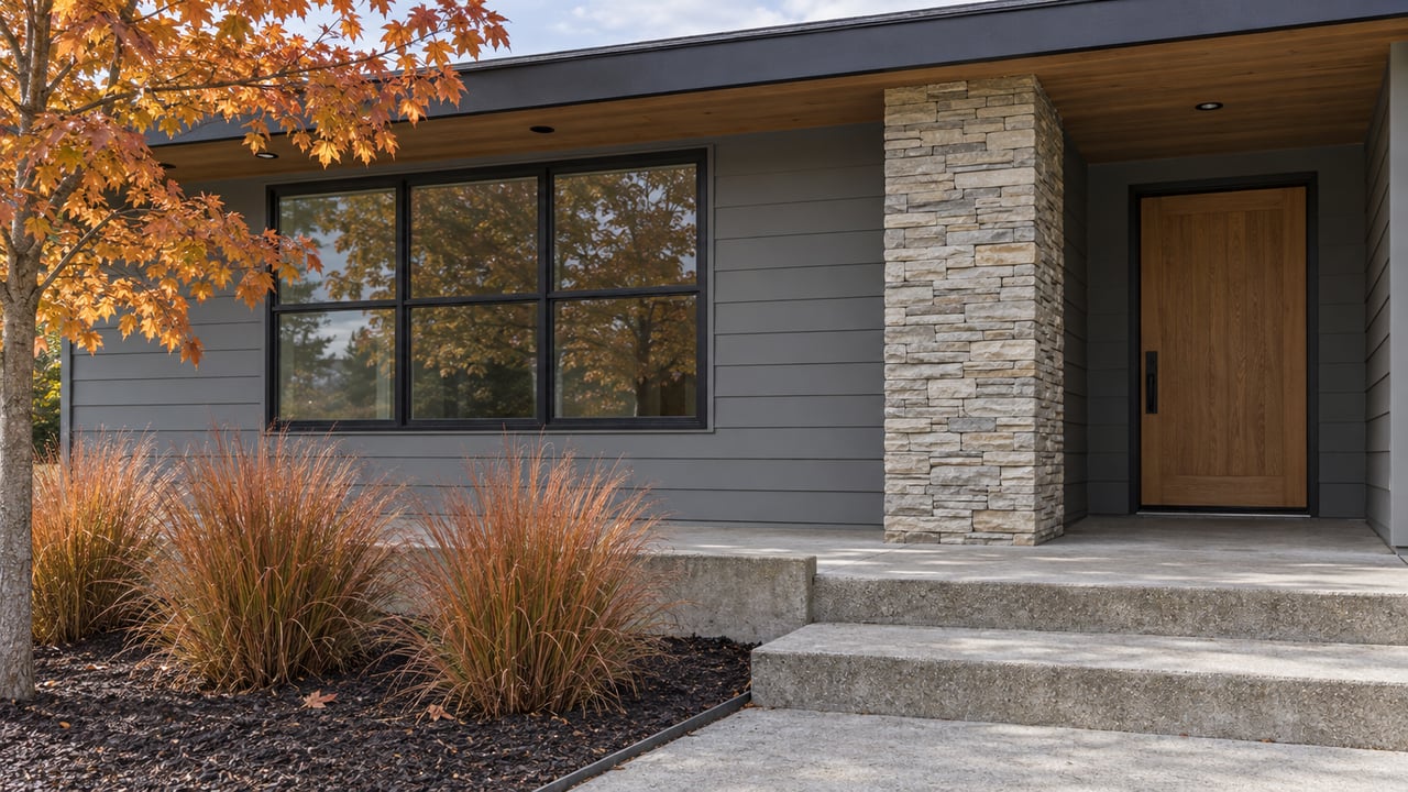 Covered home entry with gray lap siding, stacked sandstone, black-framed windows and amber maple foliage beside a concrete approach.