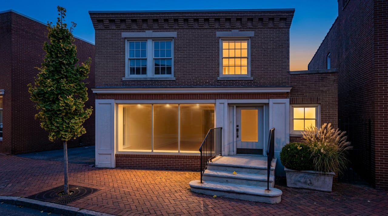 Brick rowhouse facade at dusk, with warm storefront light, one glowing upper window, and a stoop beside a ginkgo tree.
