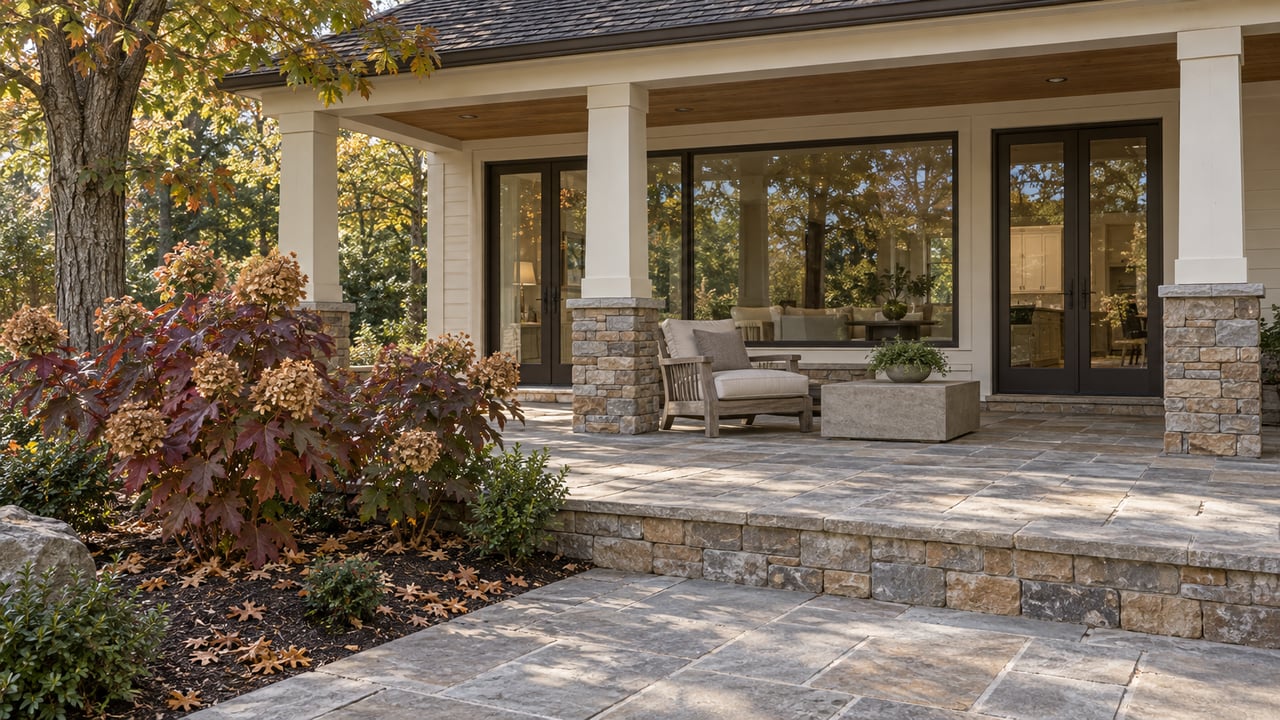 Stone terrace of a cream-sided home with dark-framed glazing, a teak lounge chair and autumn oakleaf hydrangeas beneath a mature white oak.