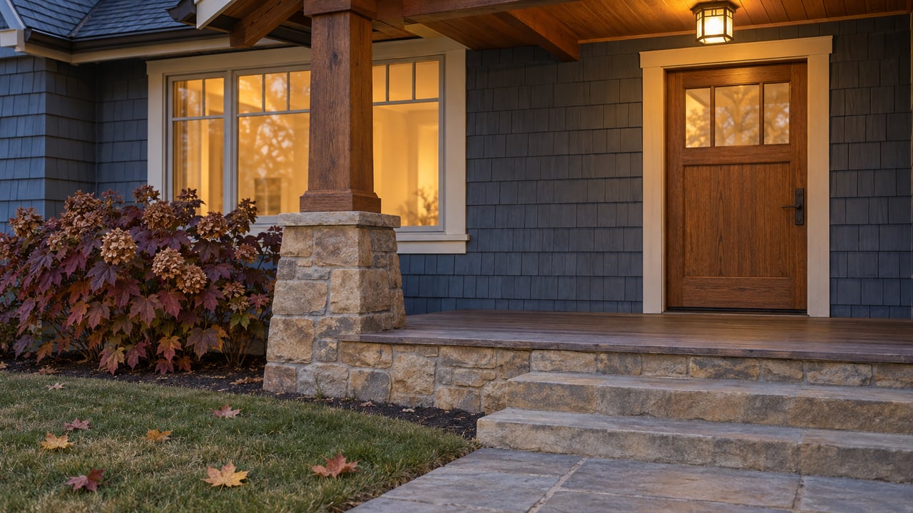Warmly lit timber porch and oak entry door beside slate-blue shingles, sandstone steps, and burgundy oakleaf hydrangea at twilight.