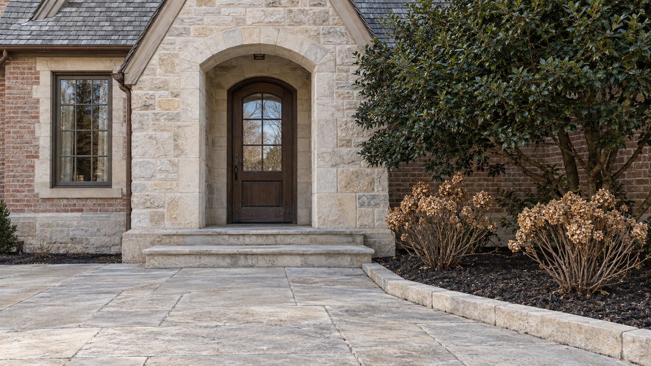 Arched oak entrance in buff limestone beside muted red brick, with broad stone steps and carefully placed winter planting.