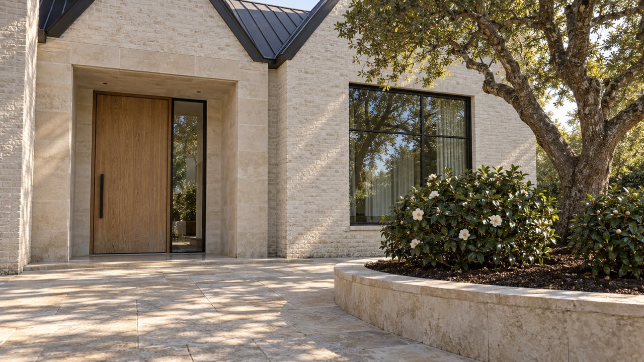 Morning light across a limestone entry terrace, ivory brick facade and oak front door beside a mature oak and two camellias.
