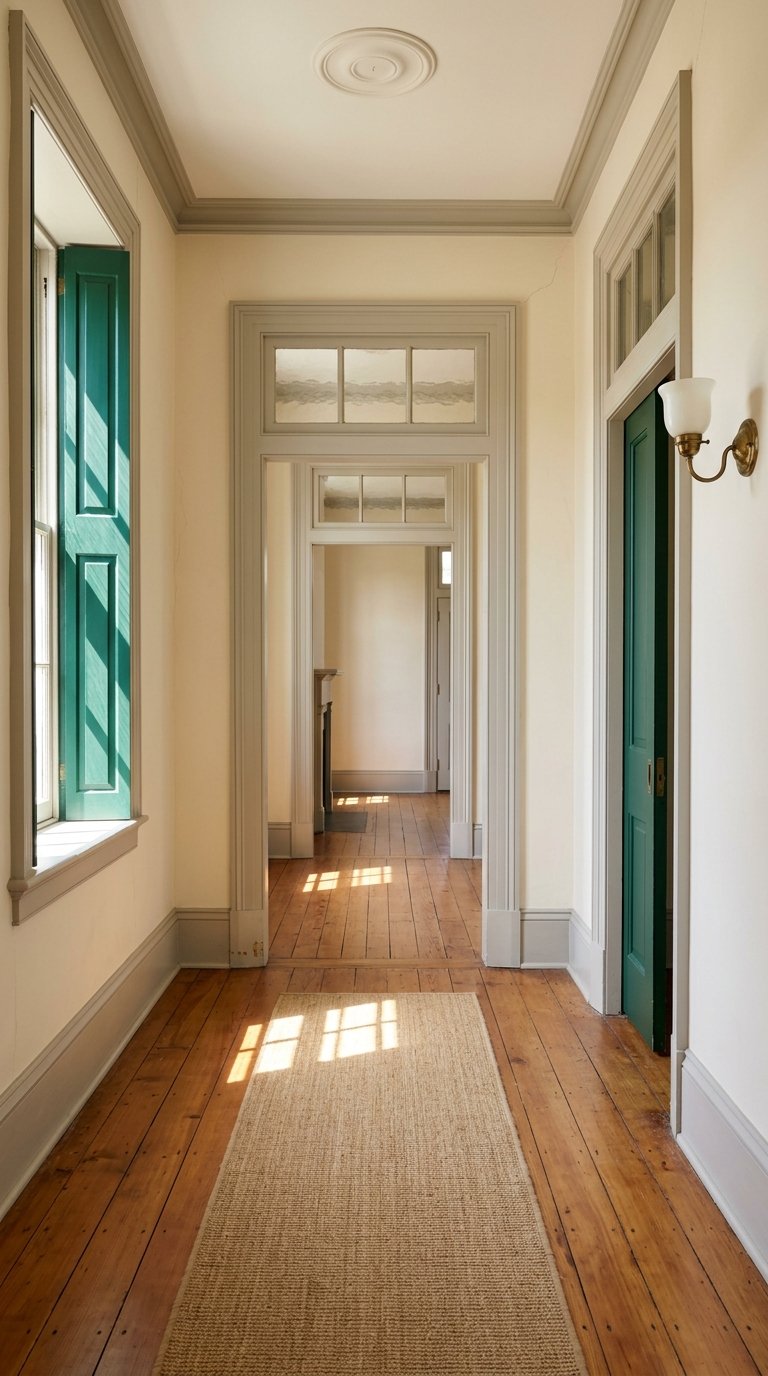 Shotgun-house hallway with aligned rooms, transoms, shutters, and a patinated pocket door.
