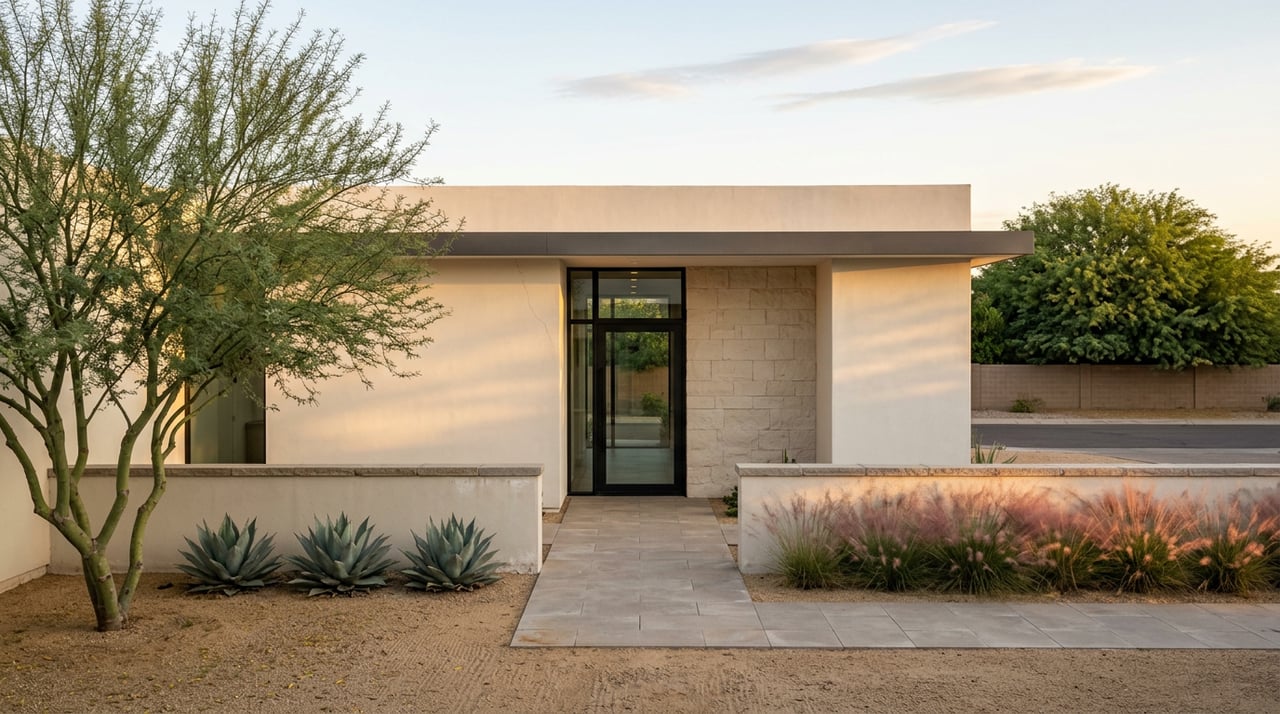 Desert-modern courtyard entry with a black-framed glass door, limestone wall, agaves, and sunlit stone pavers.