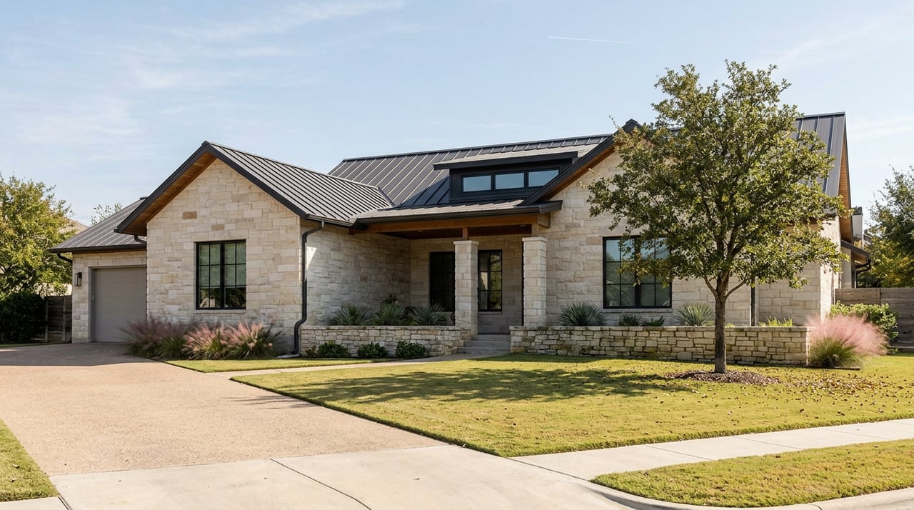 Limestone Hill Country home with dark metal gables, a live oak, and a deep lawn.