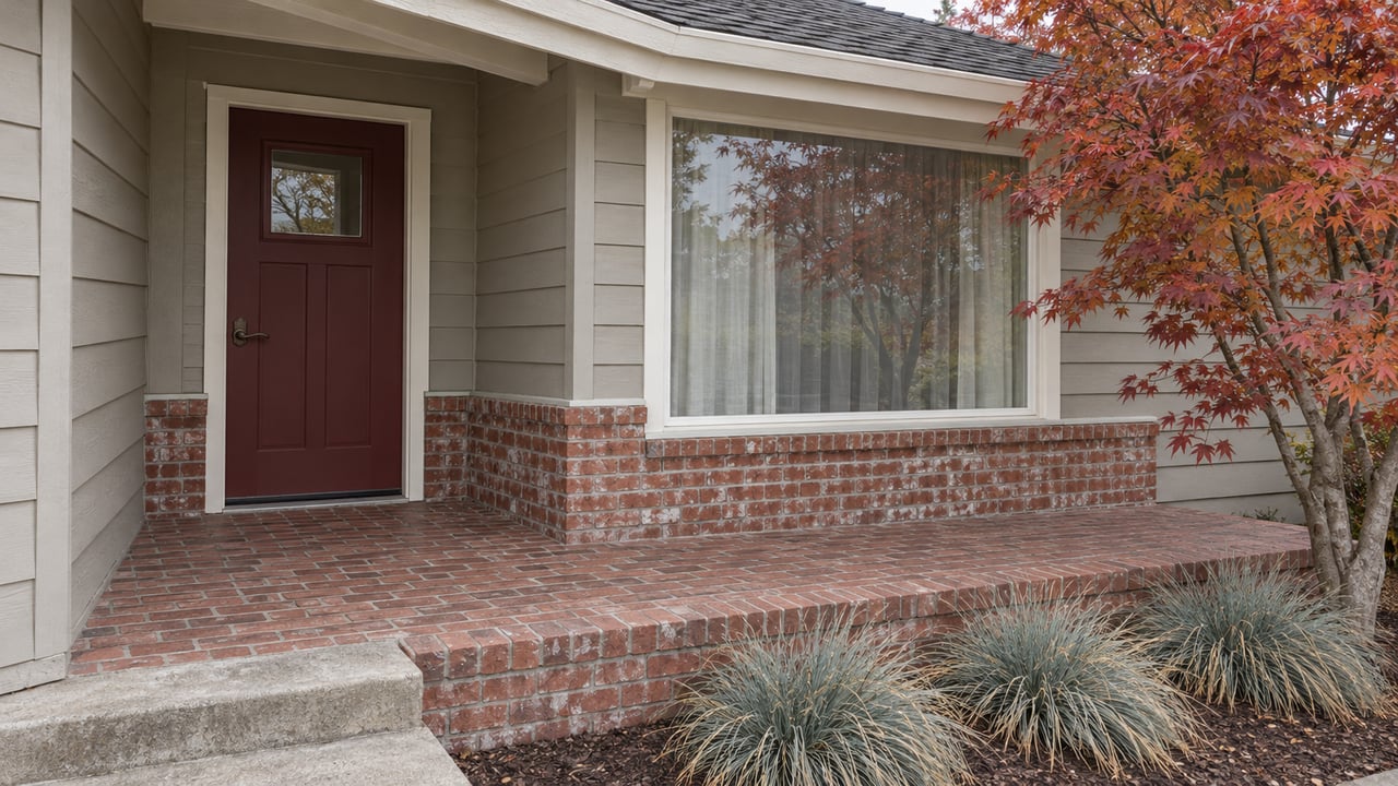 Maroon front door and picture window beneath wide eaves, with weathered brick landing and a red-leaved Japanese maple.