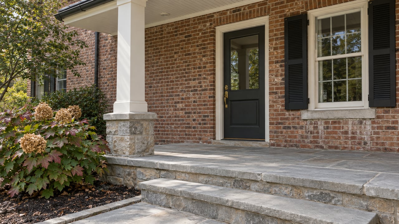 Brick home entrance with a dark front door, stone steps, and leafy landscaping.
