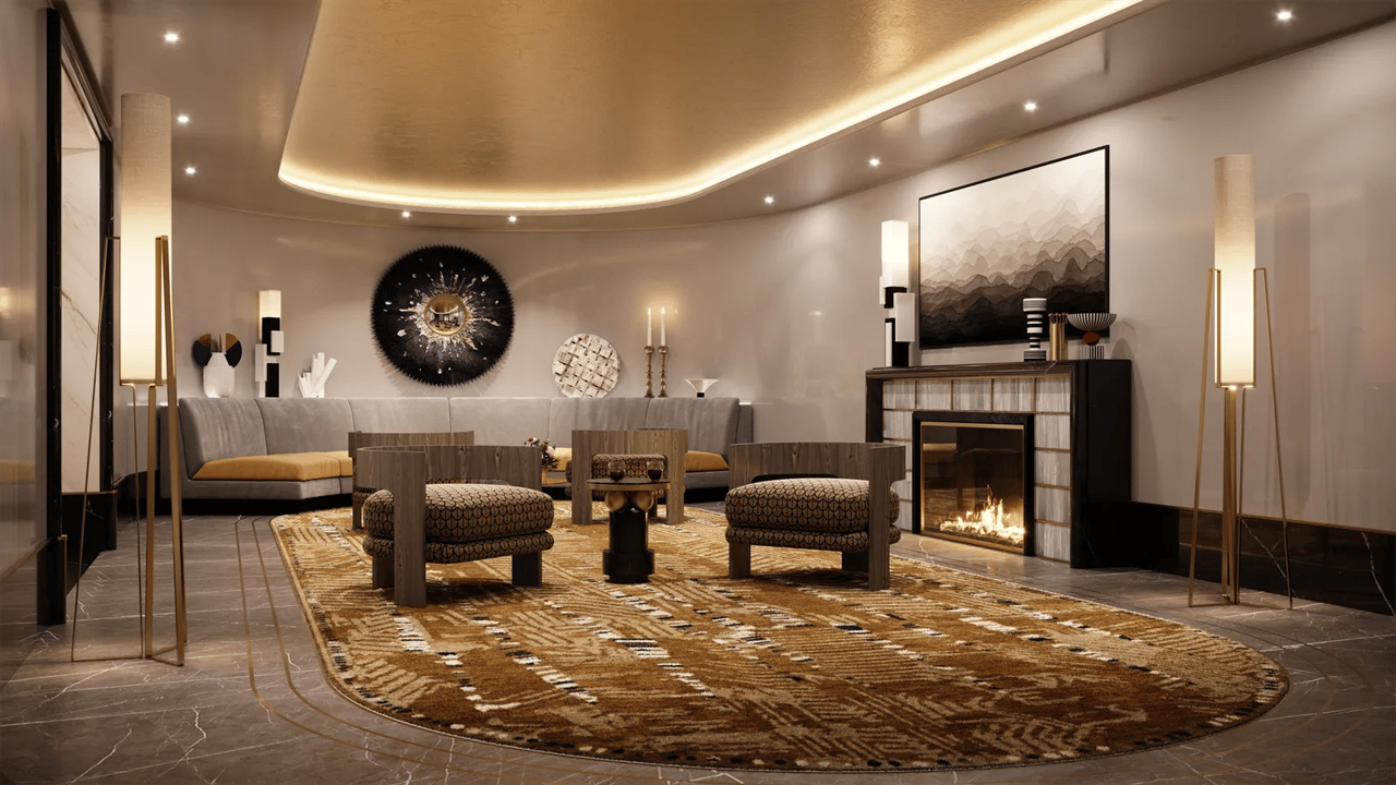 Furnished living room with a curved sectional, patterned rug, and fireplace.