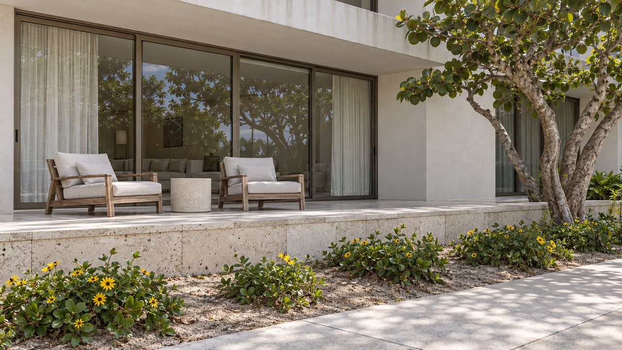 Sunlit condominium terrace with pale limestone, bronze-framed sliding glass doors, teak chairs, and a sculptural sea grape tree.