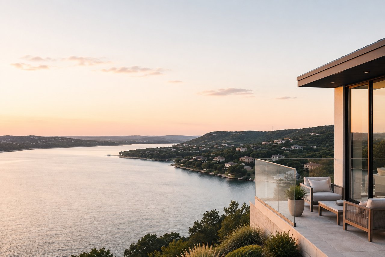 Luxury waterfront home overlooking Lake Travis in Austin, Texas, with scenic Hill Country views, calm lake waters, and a modern outdoor terrace at sunset, showcasing the upscale lifestyle of the Lake Travis area.