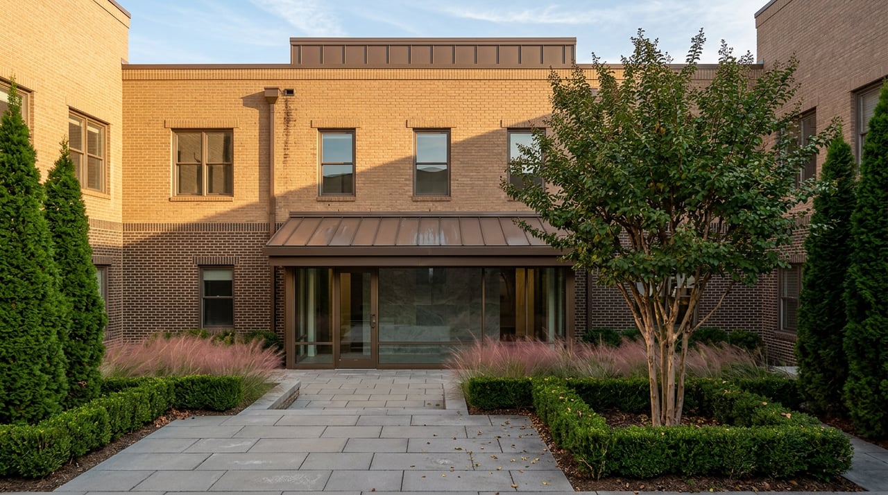 Mid-rise brick apartment facade overlooking a paved courtyard with boxwood hedges, pink grasses, and a crape myrtle.