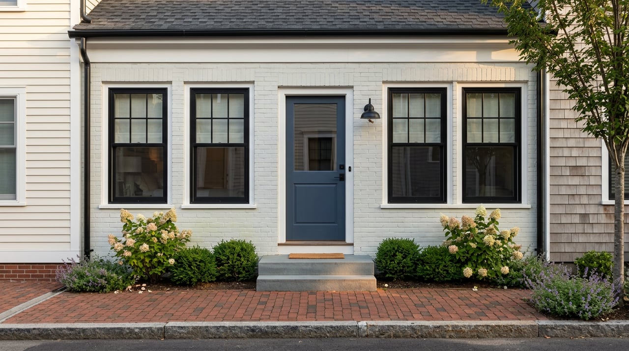 Painted brick townhouse entry with a navy glass-paneled door, flanking windows, brick walk, and flowering hydrangeas.