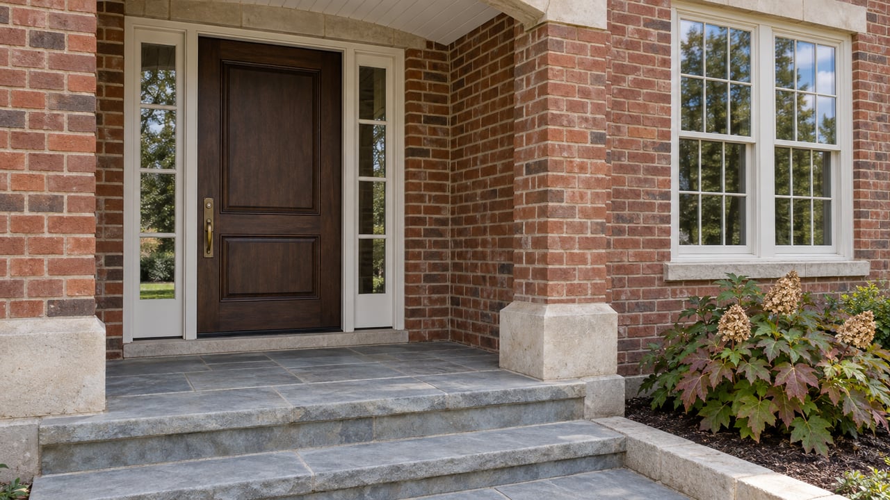Close view of a brick home's sheltered dark oak entry door, limestone arch, white multi-pane window and bluestone steps beside an oakleaf hydrangea.