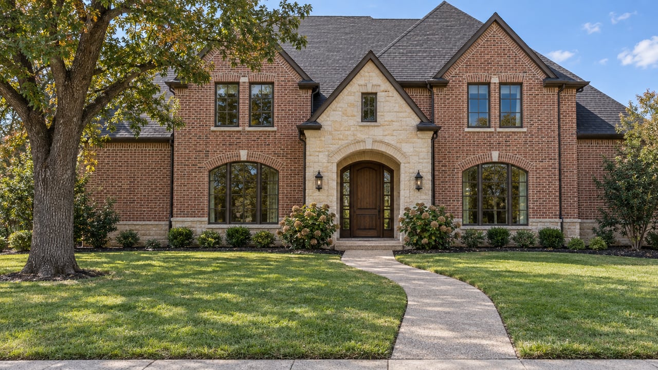 Two-story red-brick home with a cream limestone entry, dark shingle roof and a deep front lawn beneath a mature oak.