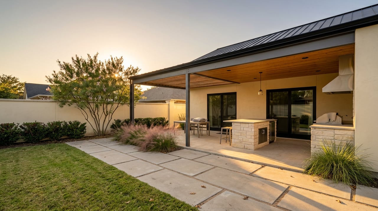 Covered backyard patio with a stone outdoor kitchen, dark steel pergola, dining table, and narrow lawn strip.