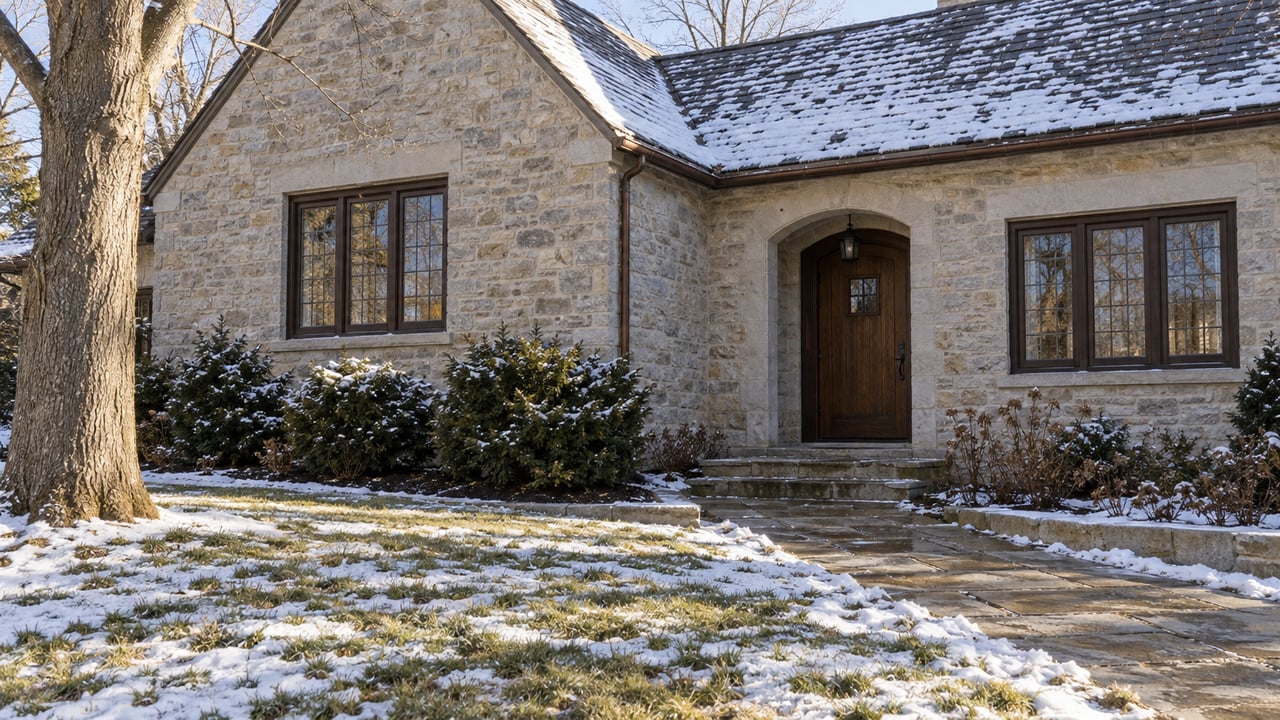 Snow-dusted lawn and limestone walk approaching a stone house with a steep slate gable and closed oak entrance.