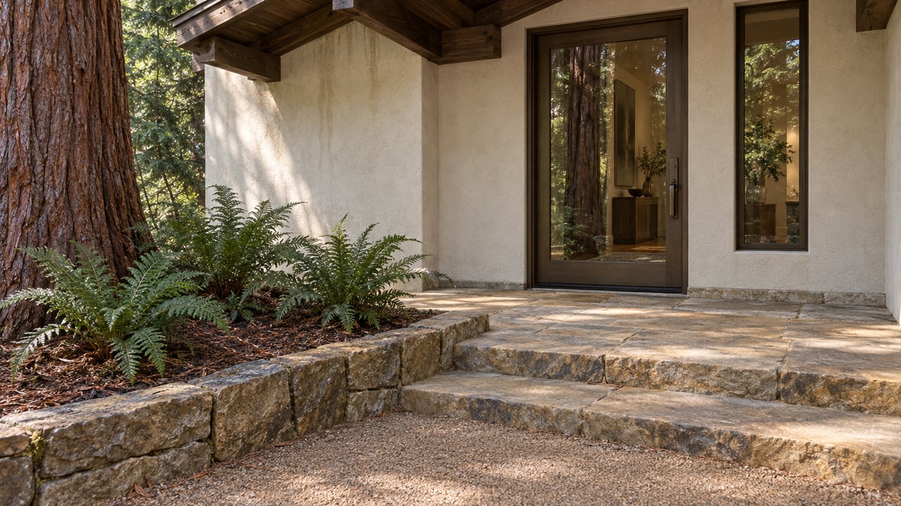 Hillside home entry with a bronze-framed glass door, sandstone steps, and a redwood trunk beside the stucco wall.
