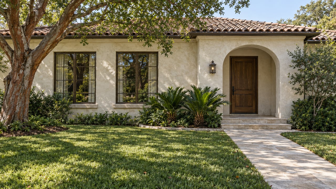 Ivory stucco home with a clay tile roof, arched oak entry, limestone garden walk and mature copper-barked tree.