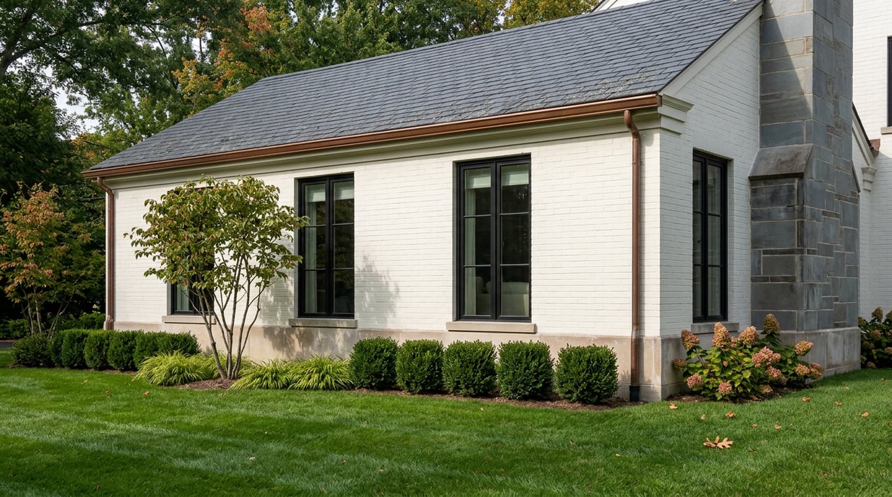 White-painted brick house with black casement windows, limestone base, and clipped shrubs beneath an overhanging tree canopy.