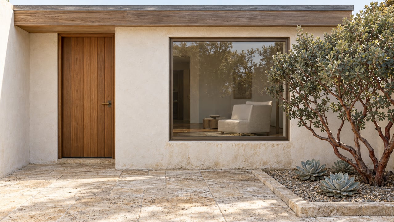 Compact cream-stucco home with an off-center cedar door, broad window, limestone patio, and red-barked shrub.