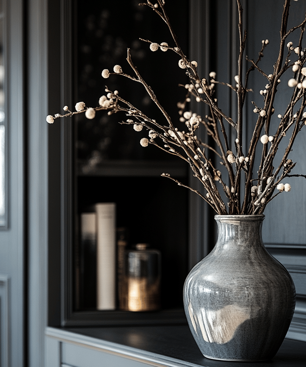 Gray ceramic vase with flowering branches on dark built-in shelving.