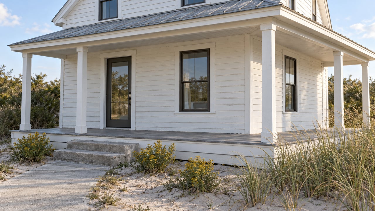 Renovated white coastal cottage with a wraparound porch, bronze-framed windows, and dune grass beside the path.