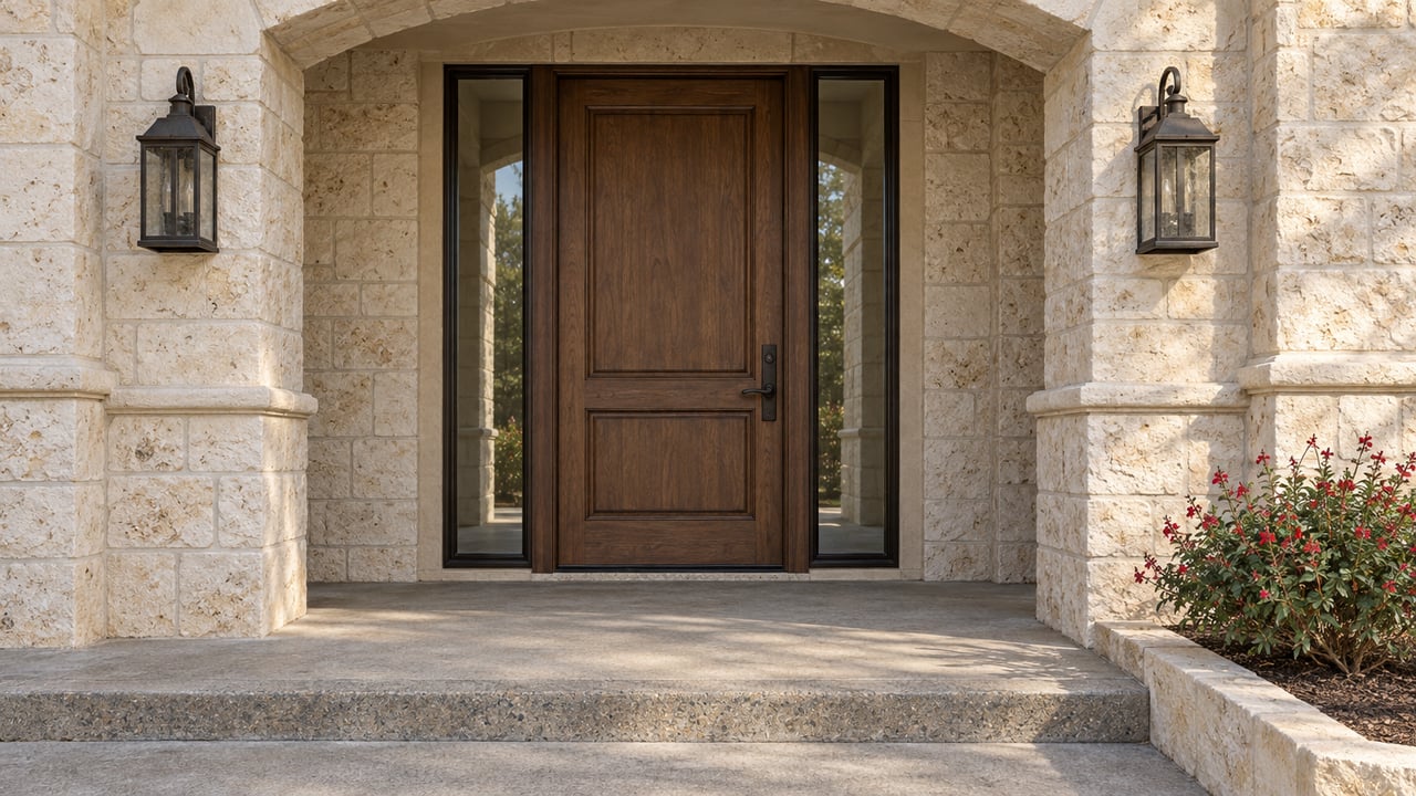 Limestone arched home entrance with an oak door, paired bronze lanterns and a concrete landing.