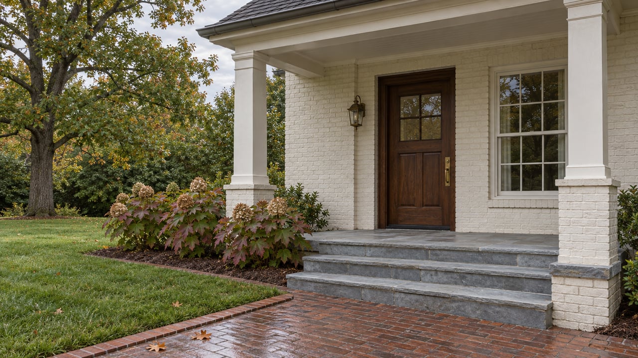 Covered cream-painted brick entry with an oak door, stone steps and autumn oakleaf hydrangeas beside a brick walk.