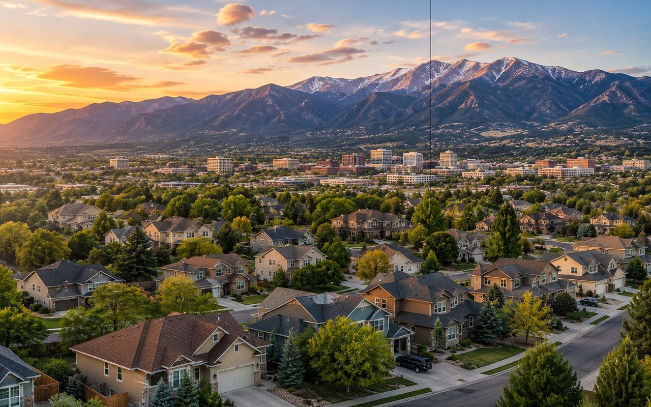 Aerial view of a suburban neighborhood, city buildings, and a mountain range at sunset.