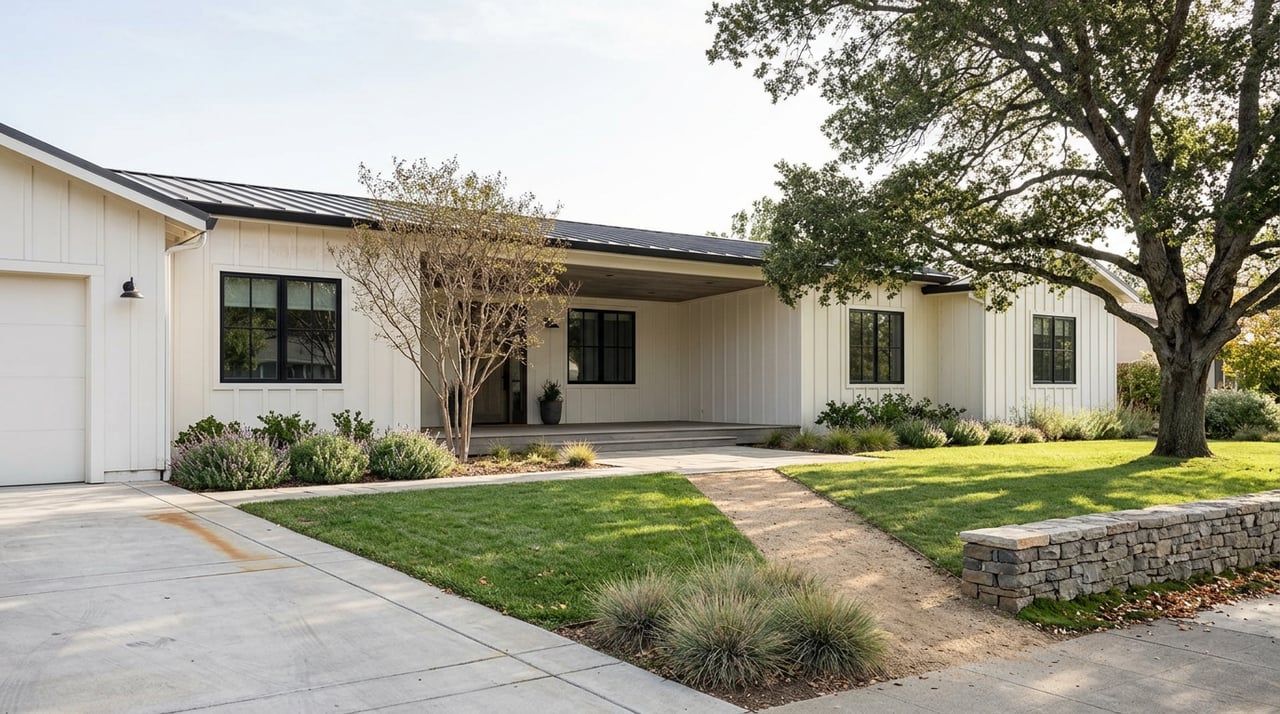Single-story white farmhouse with a dark roof, broad front lawn, stone garden wall, and mature oak tree.