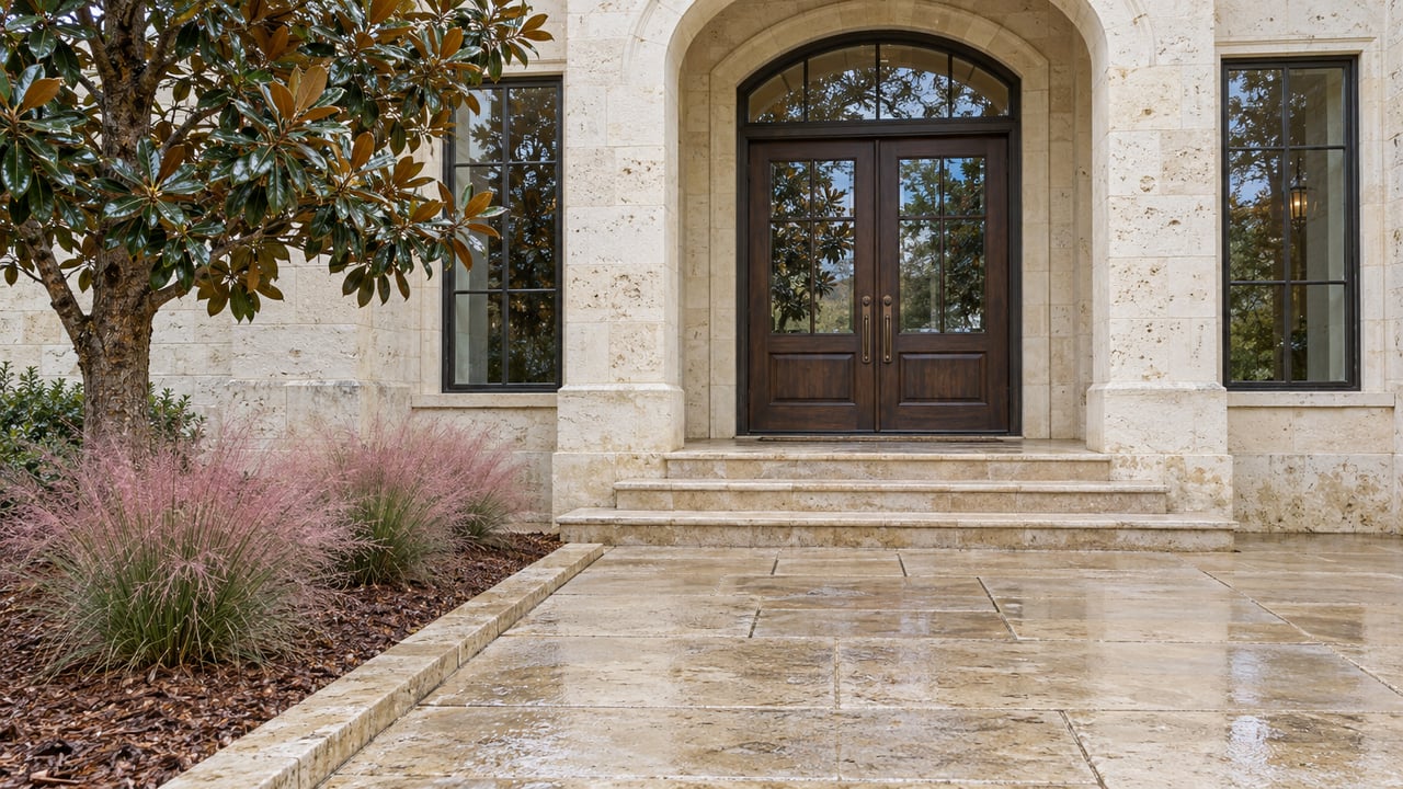 Rain-darkened limestone approach leading to an arched entry with glazed oak double doors, flanking windows and a mature magnolia.