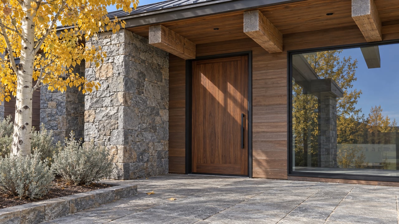 Timber roof beams shelter a walnut entry door beside quartzite stonework, large glazing, and gold aspen foliage.