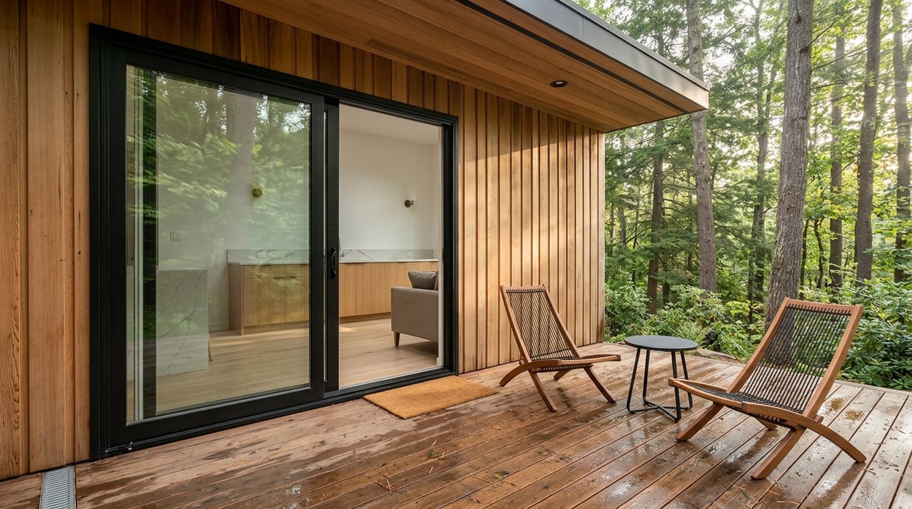 Open black-framed slider between a cedar deck and bright interior, with wet boards and dense trees beyond.