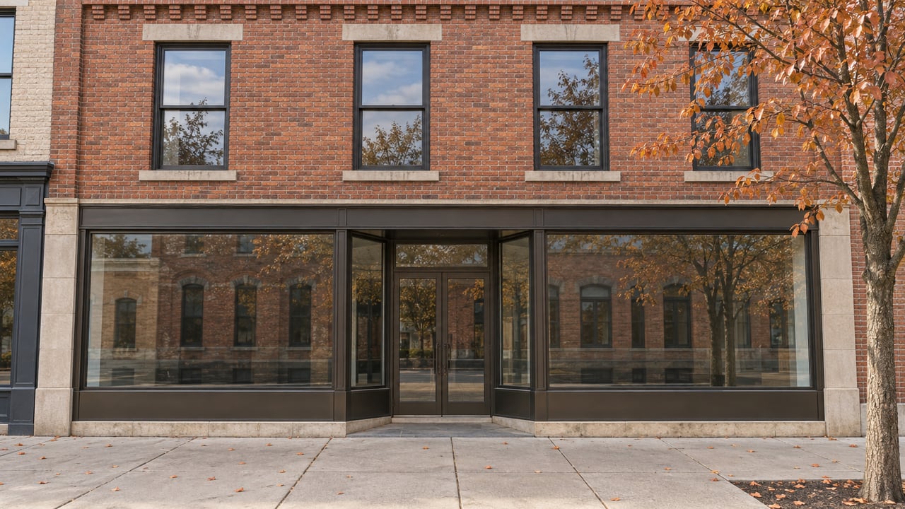 Three-story red-brown brick storefront with bronze-framed glass bays and a small tree with copper leaves.