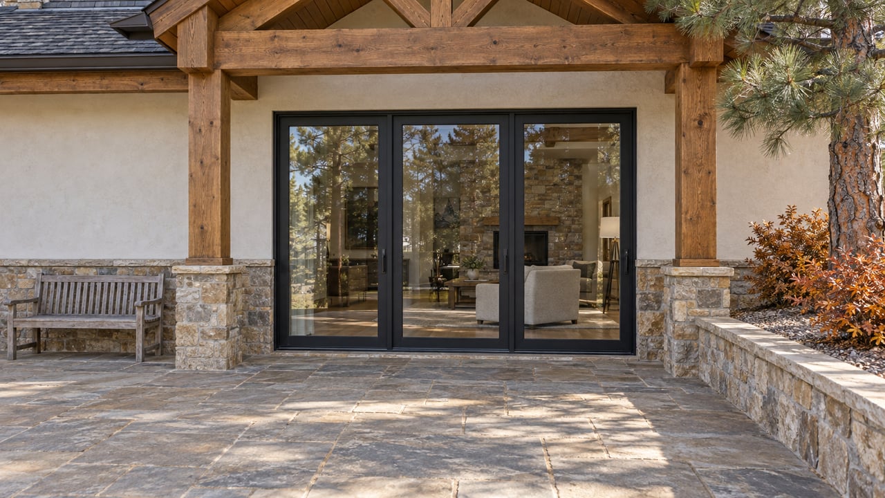 Timber-covered stone terrace beside cream stucco and sandstone walls, with closed glass doors and a pine rising from a raised planting bed.
