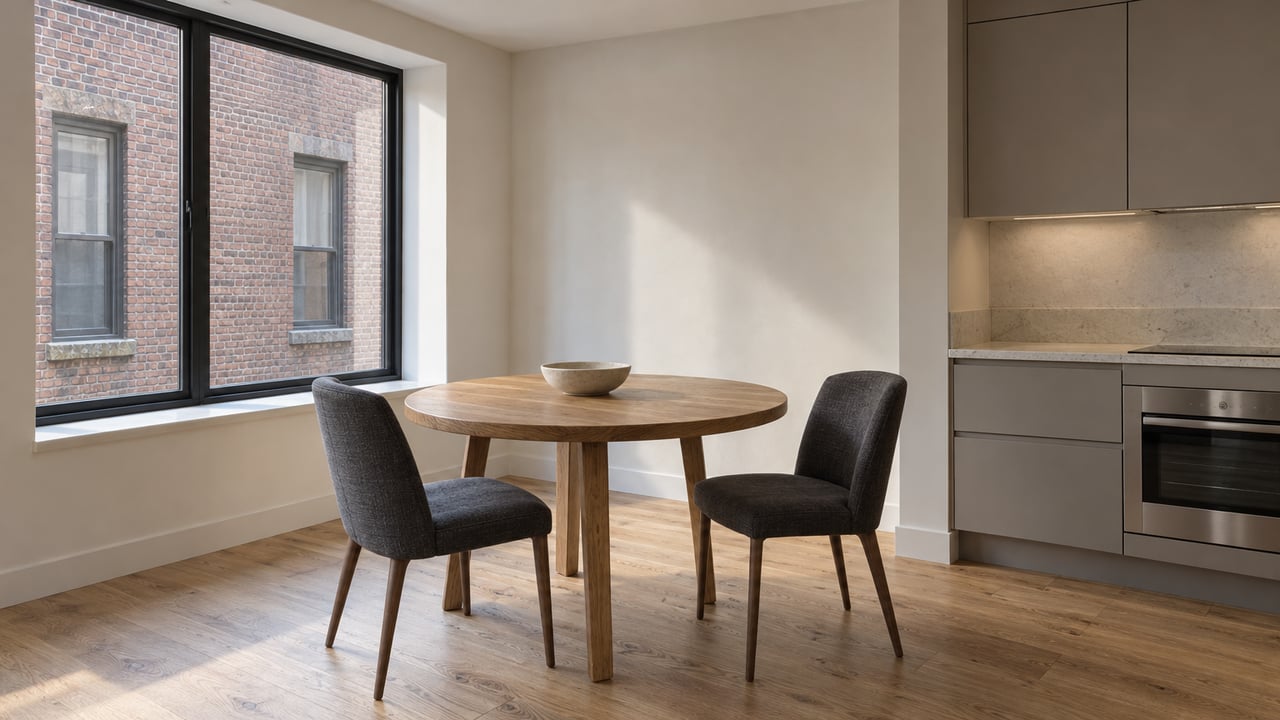 Sunlit condominium dining corner with an oak table, two charcoal chairs, pale oak flooring and a black-framed window facing neighboring brickwork.