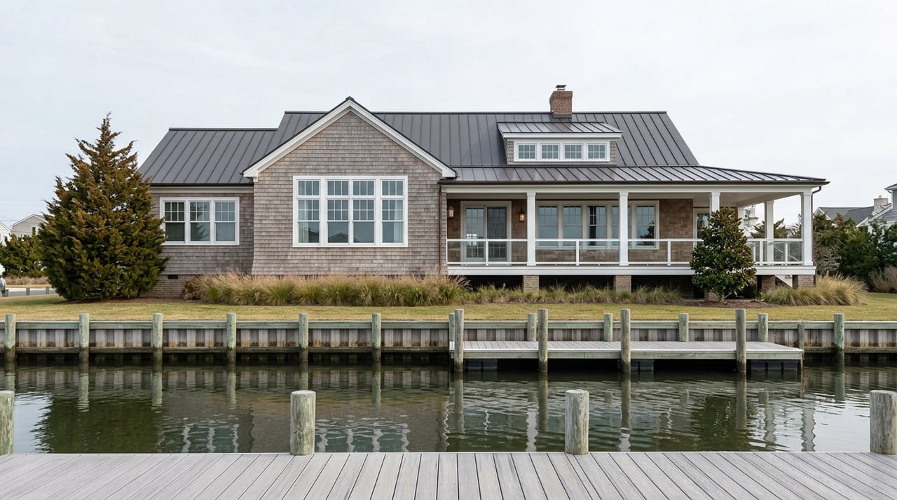 Shingle-style coastal home with a covered porch and private dock across a calm canal, cedar shingles weathered gray.
