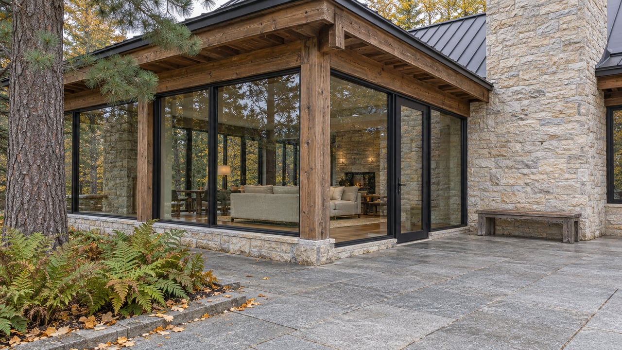 Timber-and-limestone home with enclosed glass walls opening visually onto a granite terrace with autumn leaves and evergreen ferns.