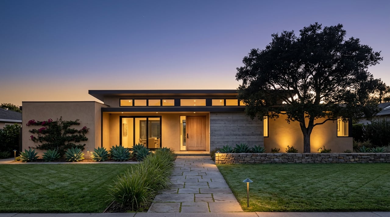 Modern home glows through warm windows at dusk, beside a silhouetted oak and bronze-lit path.