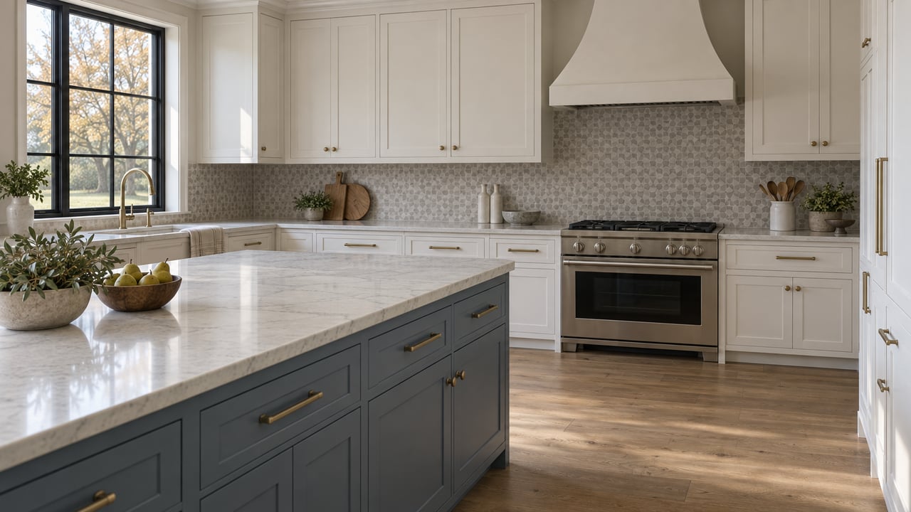 Kitchen with a slate-blue island, white cabinetry, and a black-grid window overlooking an amber-leaved tree.