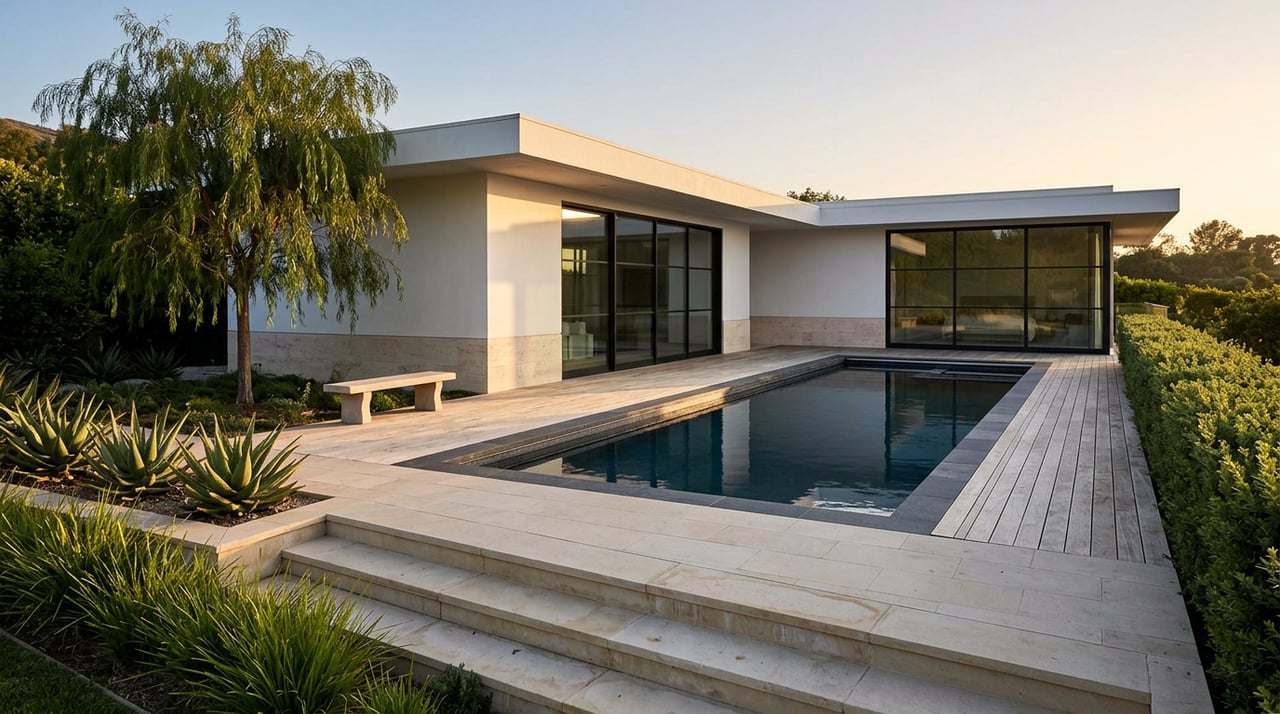 Terraced sandstone garden with a dark infinity pool, clipped hedge, and low modern home beneath a specimen tree.
