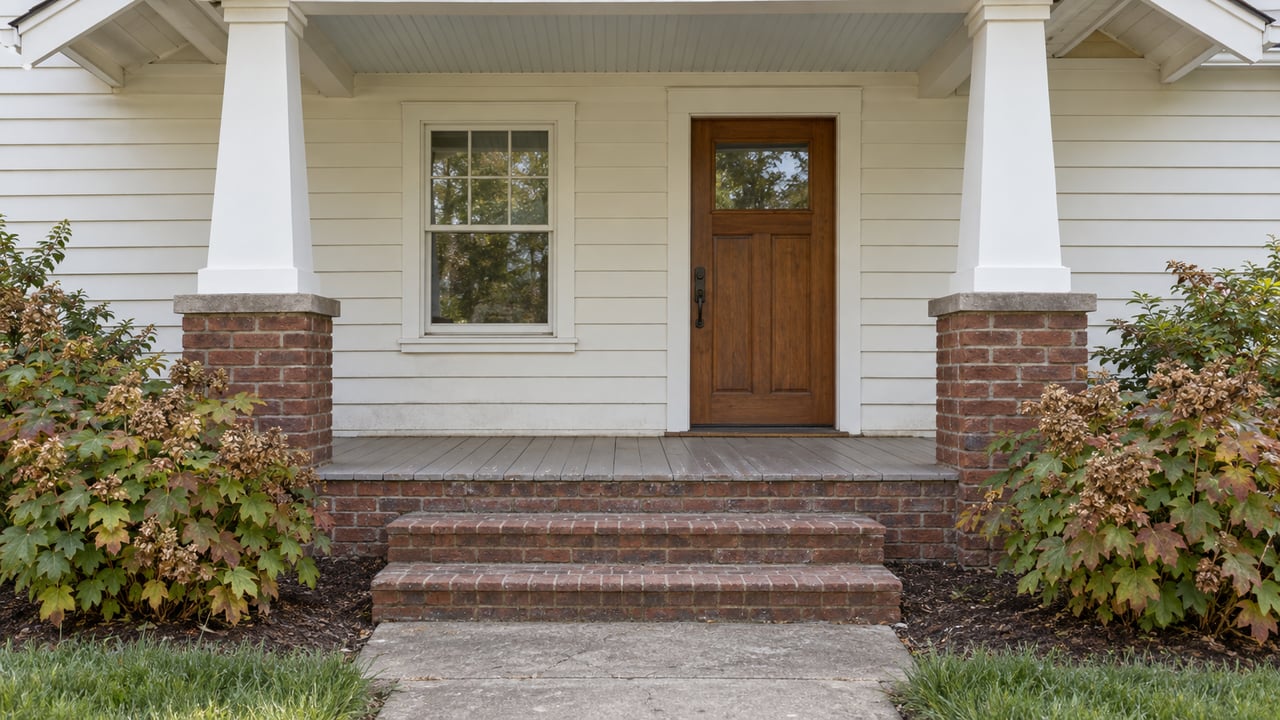 White-sided home entry with a stained wood door, tapered porch columns, brick steps, and flanking hydrangeas.