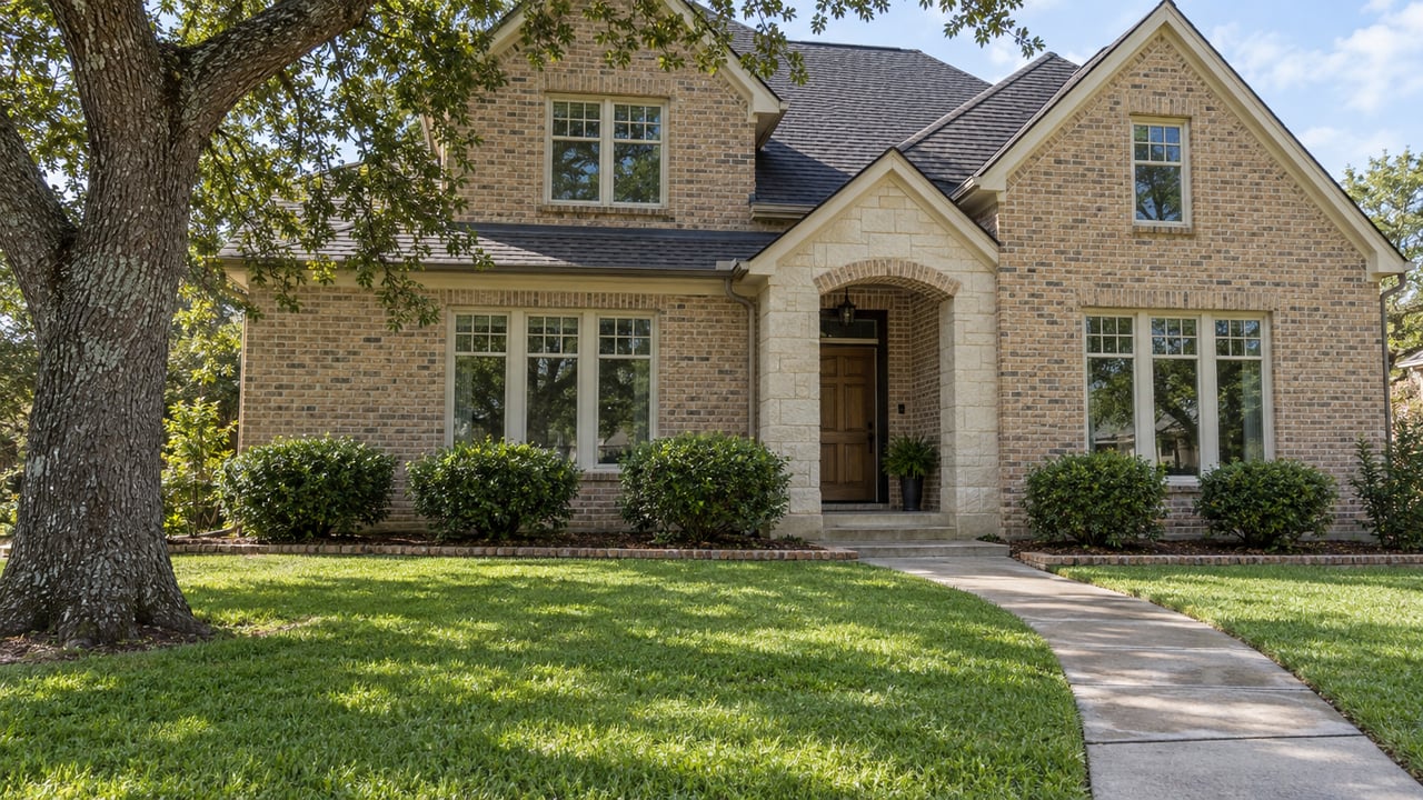 Buff-brick home with pitched gables, a deep green front lawn and a mature spreading oak in bright daylight.