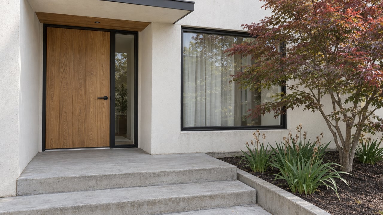 Close view of a warm white plaster home entry with an oak door, black-framed window, concrete steps, and a Japanese maple beside the landing.