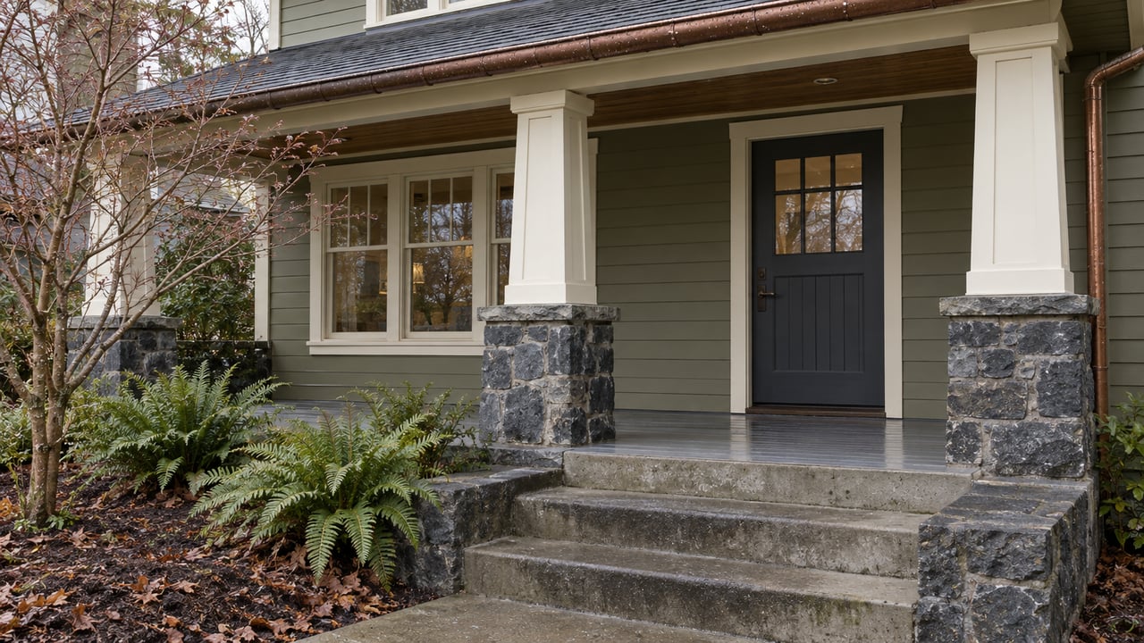 An olive wood-sided home with a sheltered porch, basalt column bases, rain-darkened concrete steps, and winter garden planting.