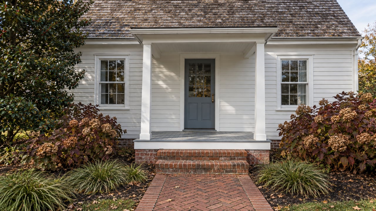 White clapboard cottage with weathered cedar roof, blue-gray entry door and brick garden path bordered by autumn oakleaf hydrangeas.